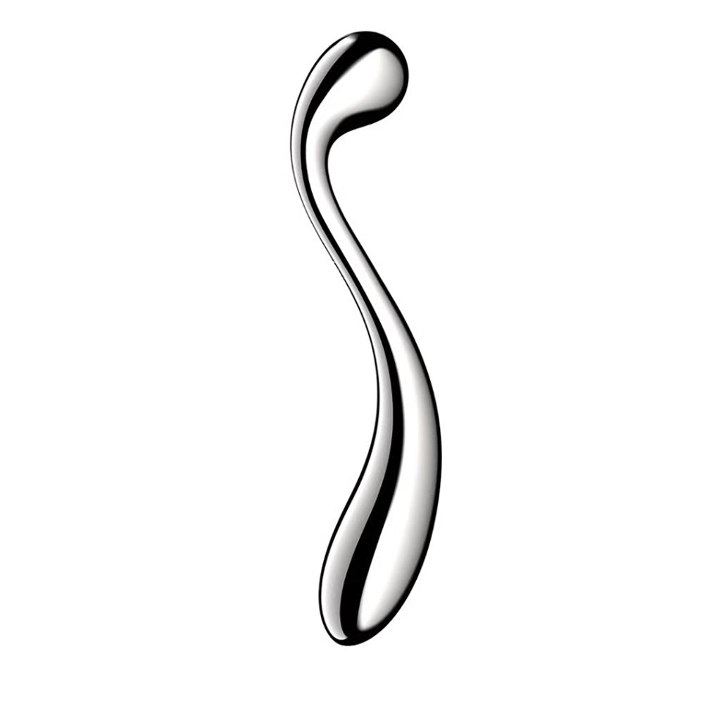 A curved, polished stainless steel G-spot dildo with a smooth, teardrop-shaped tip.