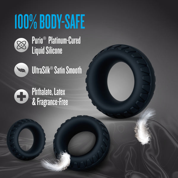 Textured silicone cock rings in three sizes with a smooth finish.