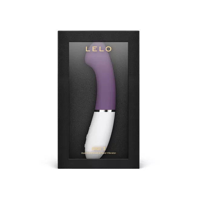 A purple and white Lelo Gigi 3 app-controlled G-spot vibrator in a black box.