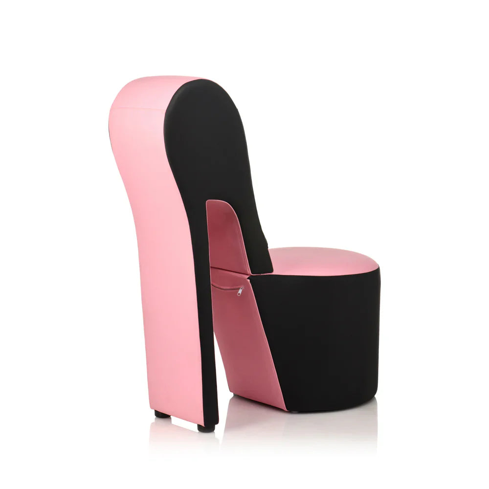 Pink and black vegan leather stiletto heel chair.