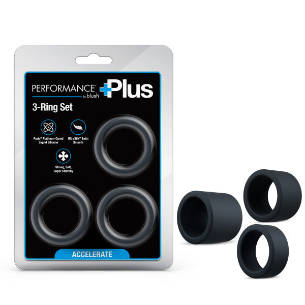 A set of three black silicone cock rings in packaging and displayed separately.