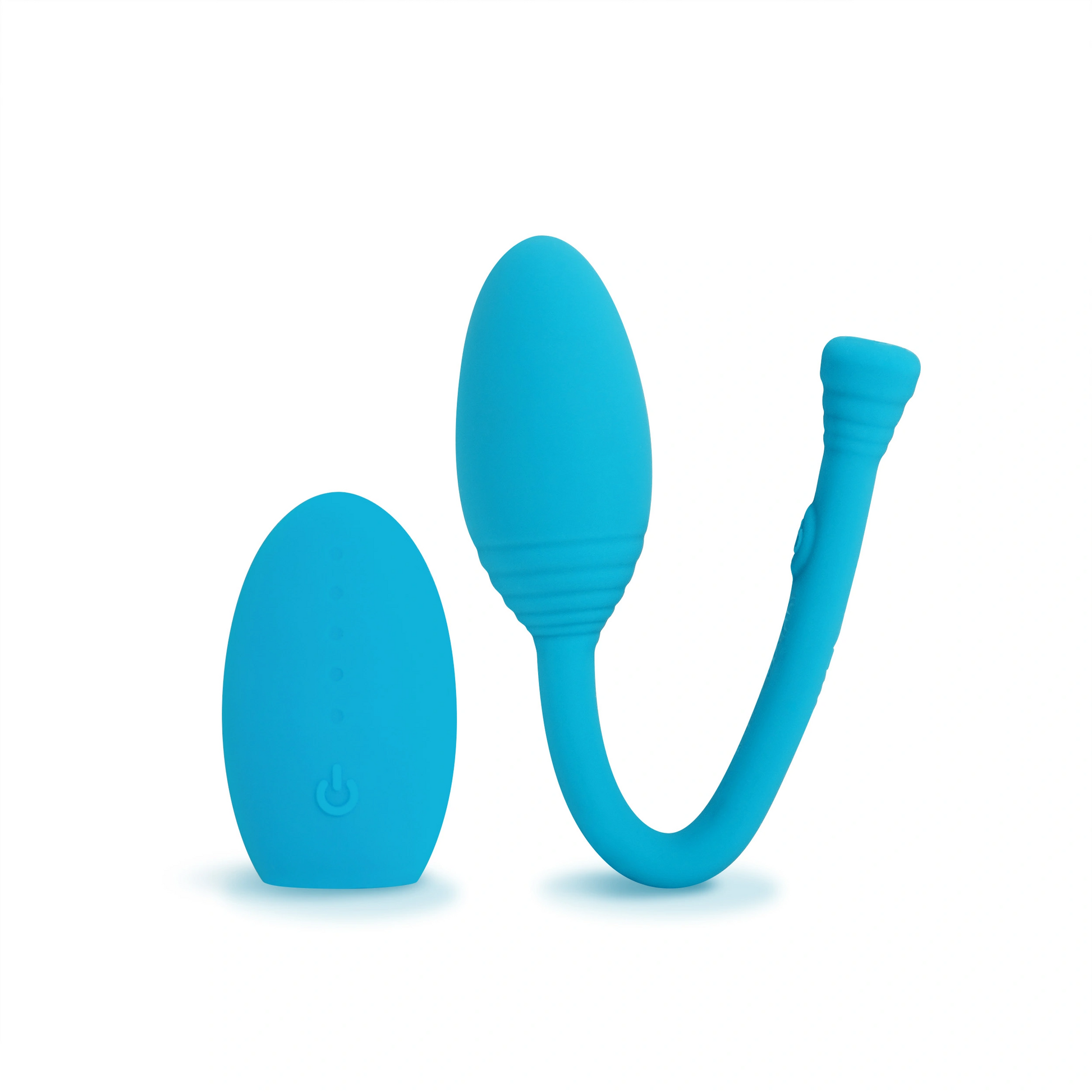 Blue silicone kegel trainer with remote control and power button.