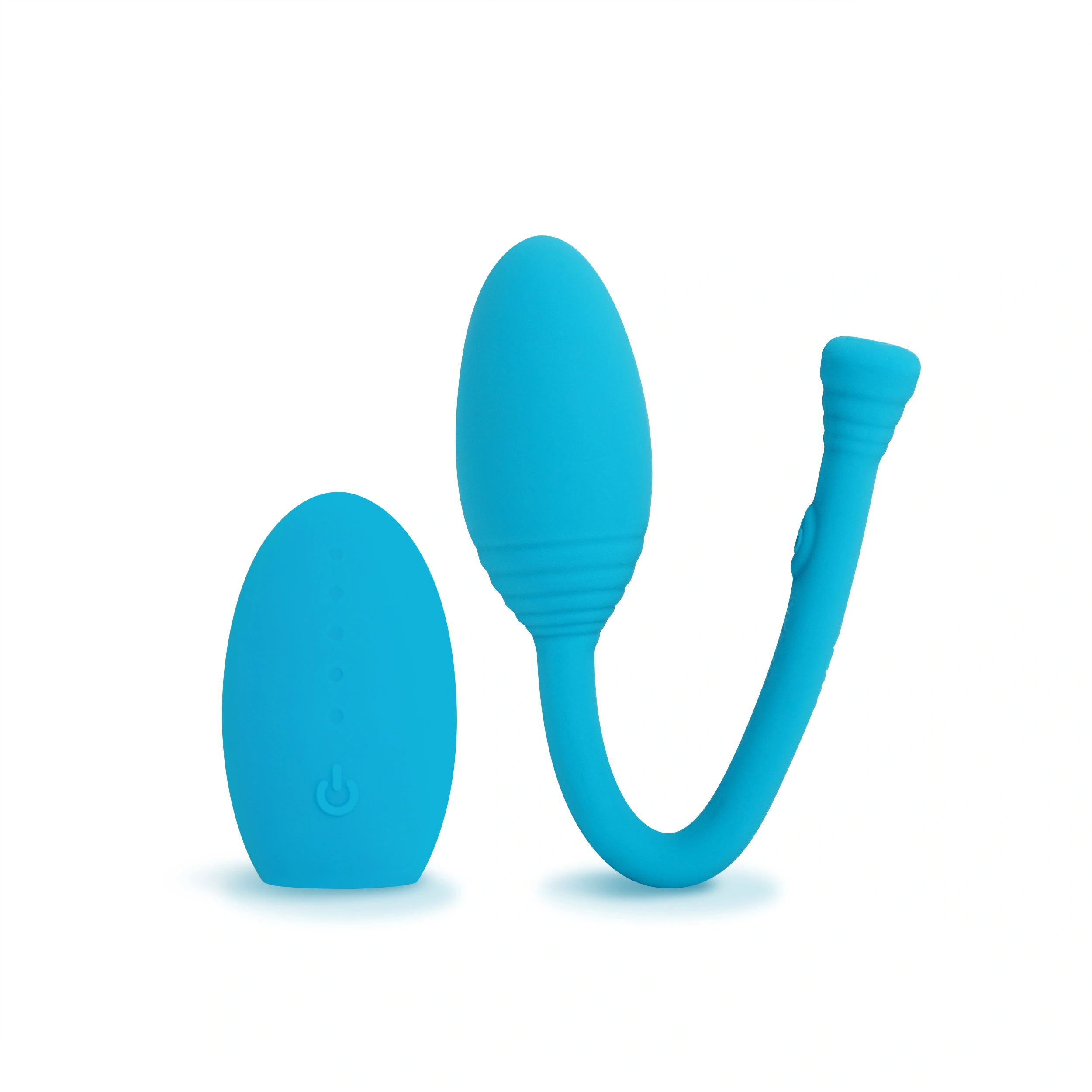 Blue silicone kegel trainer with remote control and power button.