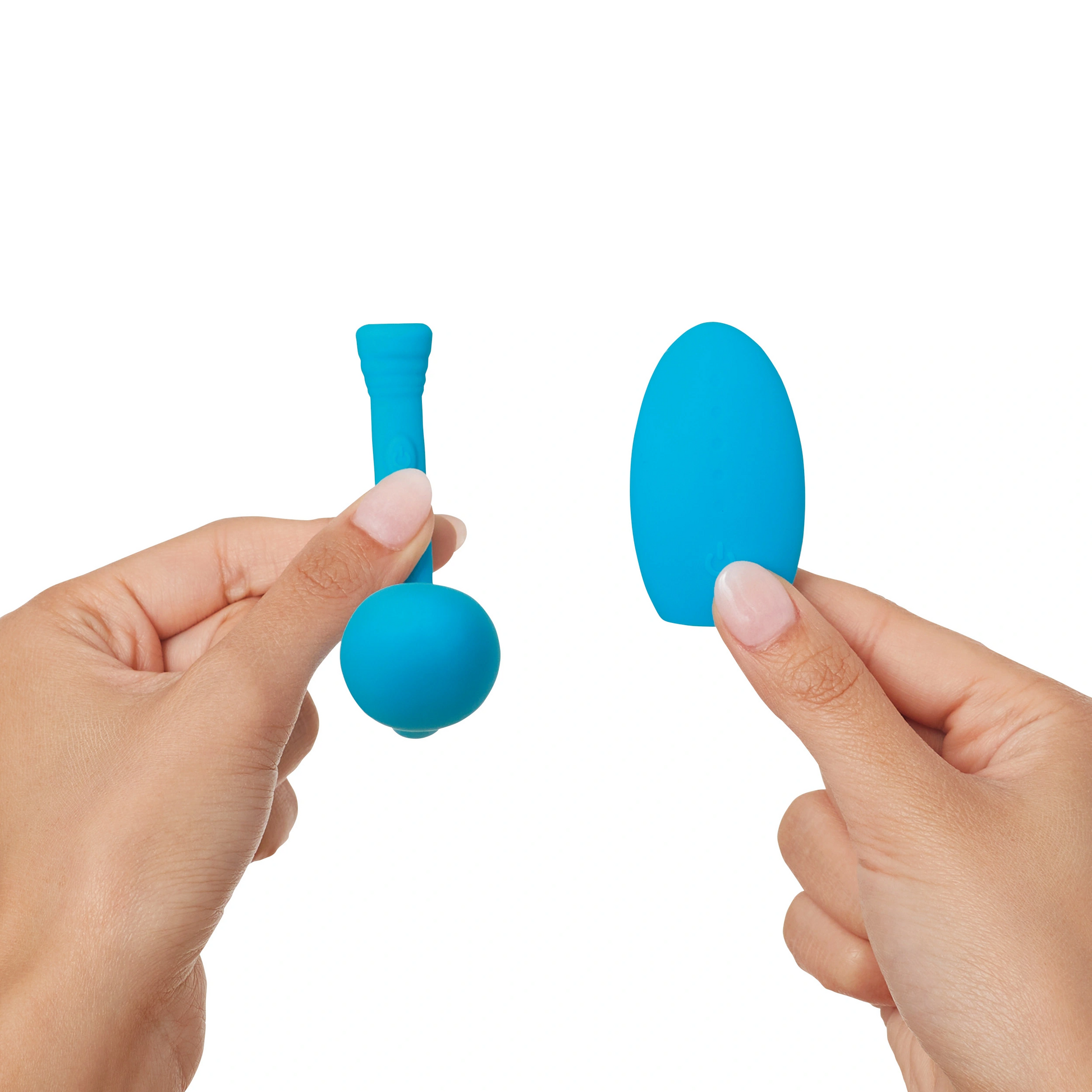 Two blue silicone pelvic floor trainers, one held by a hand and the other by a hand.