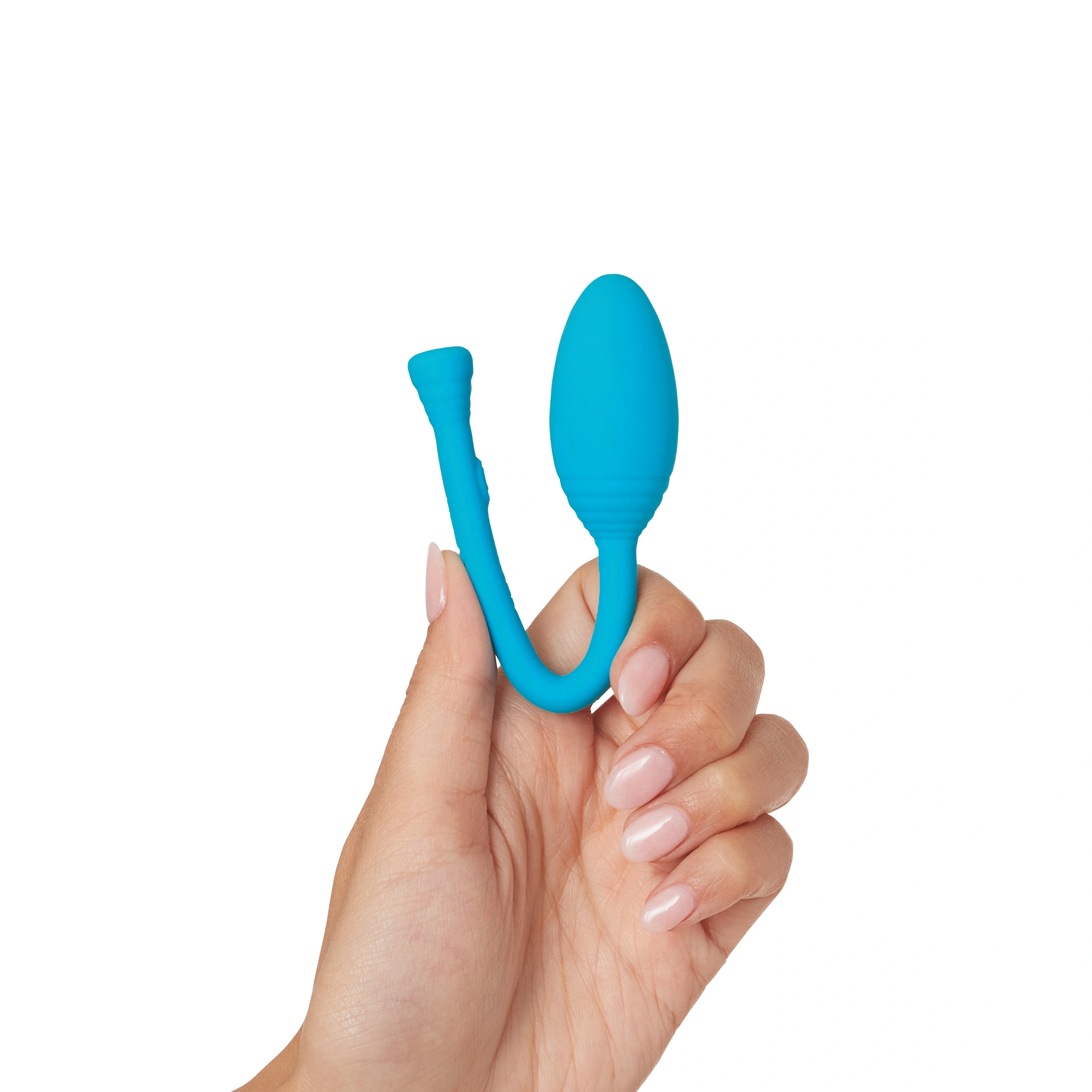 A blue silicone kegel trainer with a curved handle and bulbous end is held by a hand.