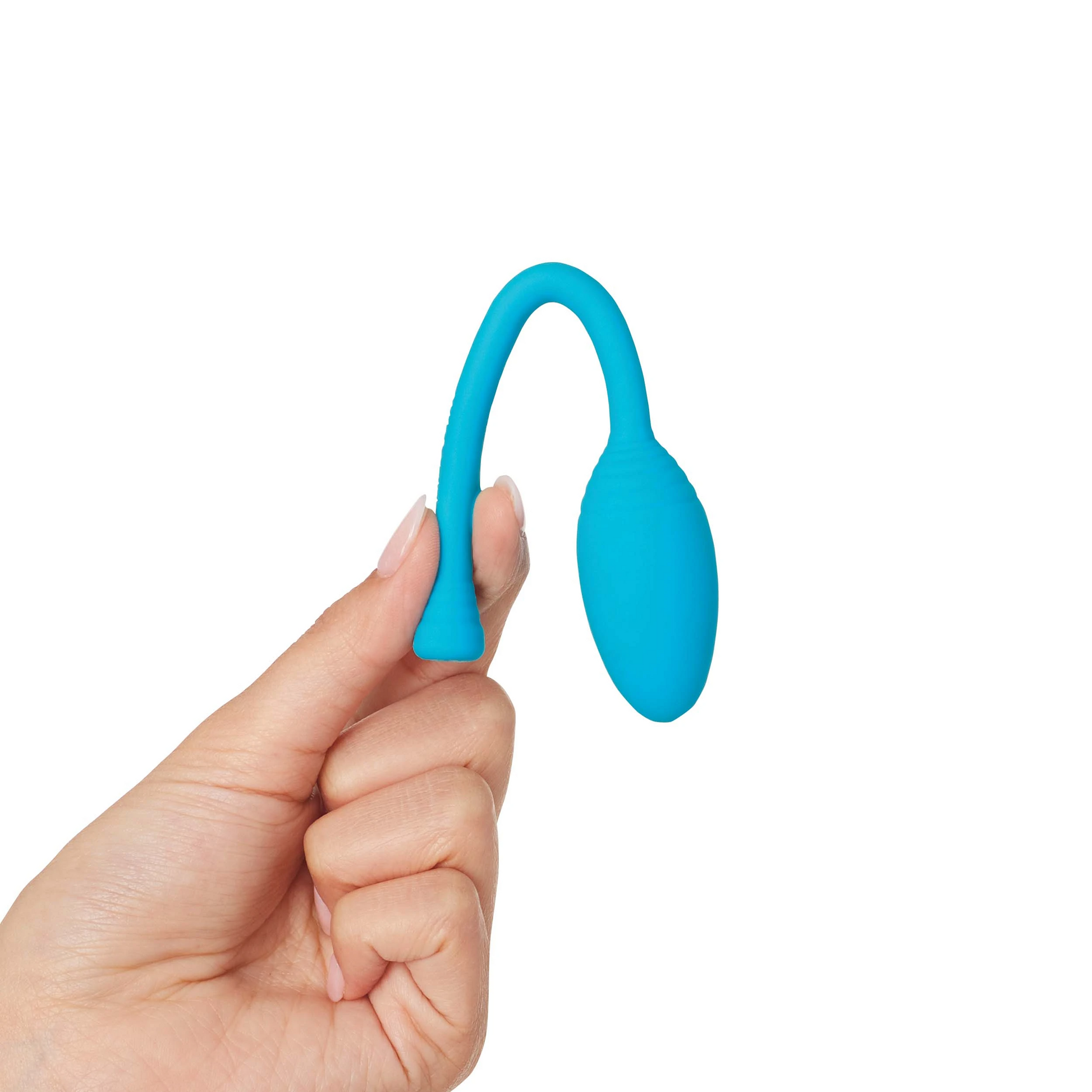 A hand holds a curved, blue silicone Kegel trainer with a bulbous end.