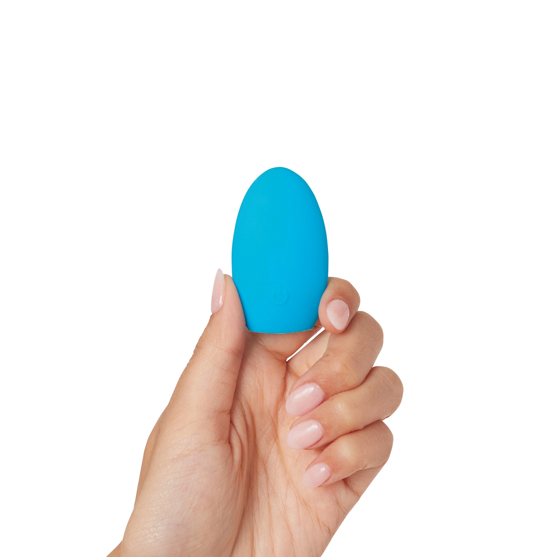 A hand holds a bright blue, egg-shaped Kegel trainer with a power button symbol.