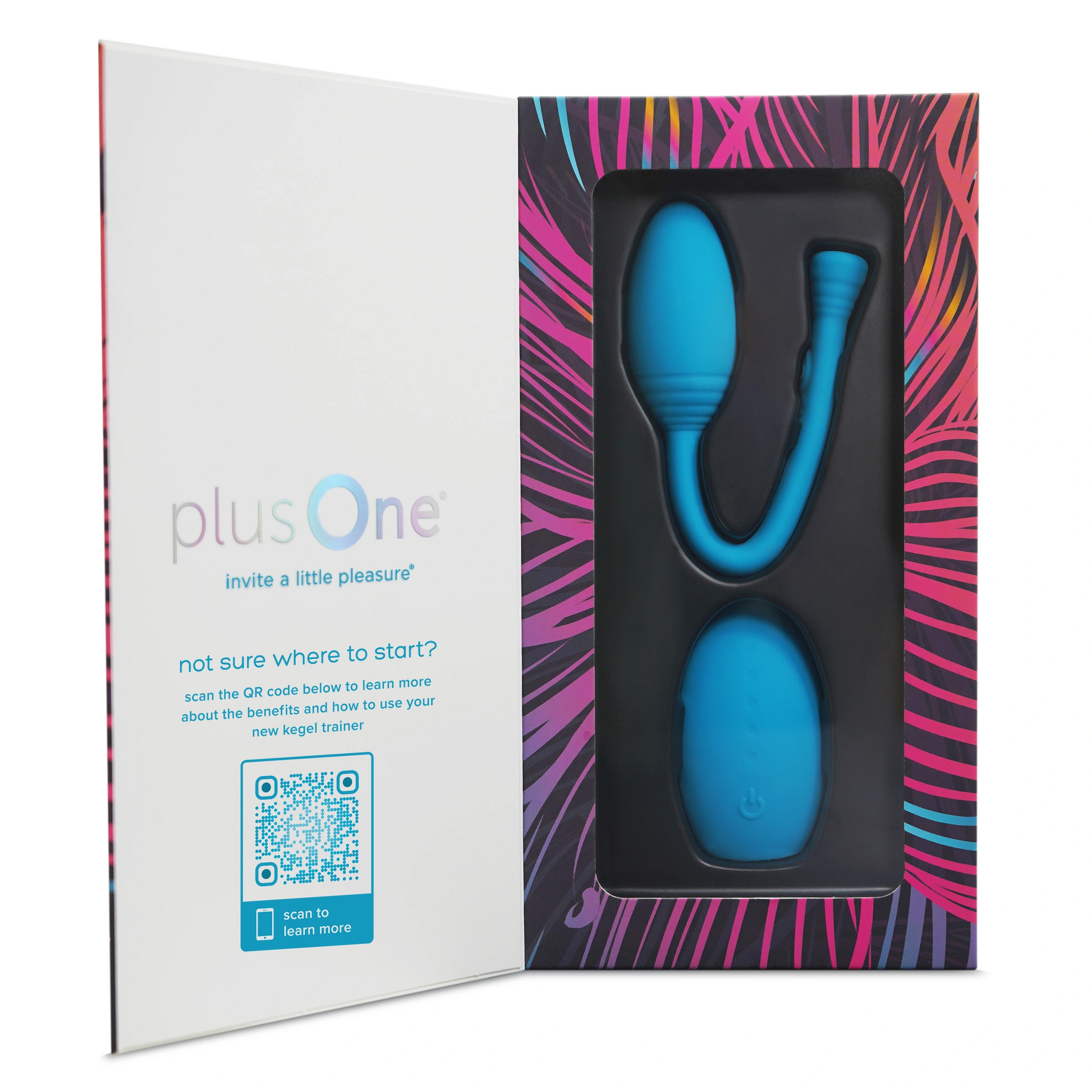Blue silicone kegel trainer with remote control and QR code on packaging.