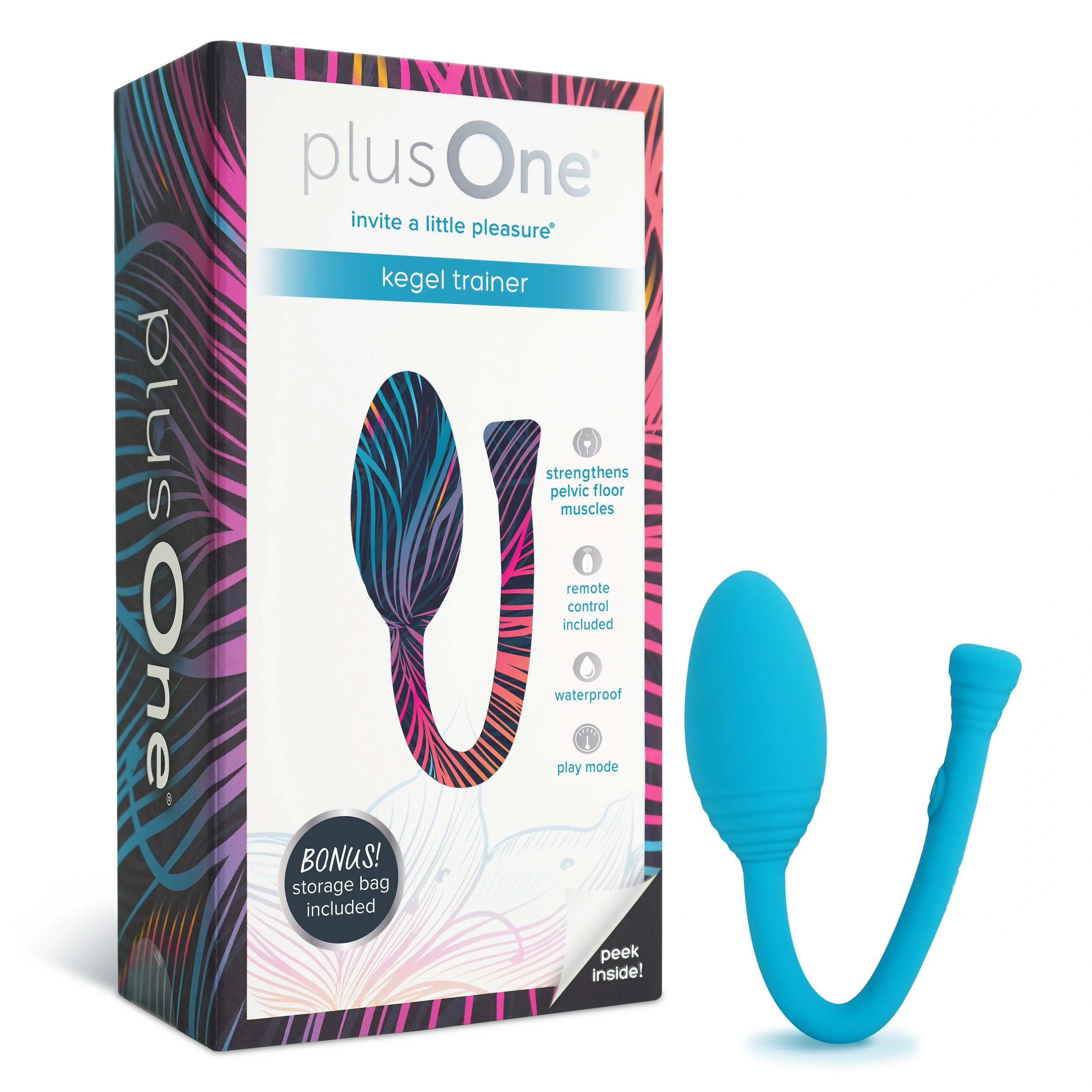 A blue silicone kegel trainer with a remote control and storage bag.