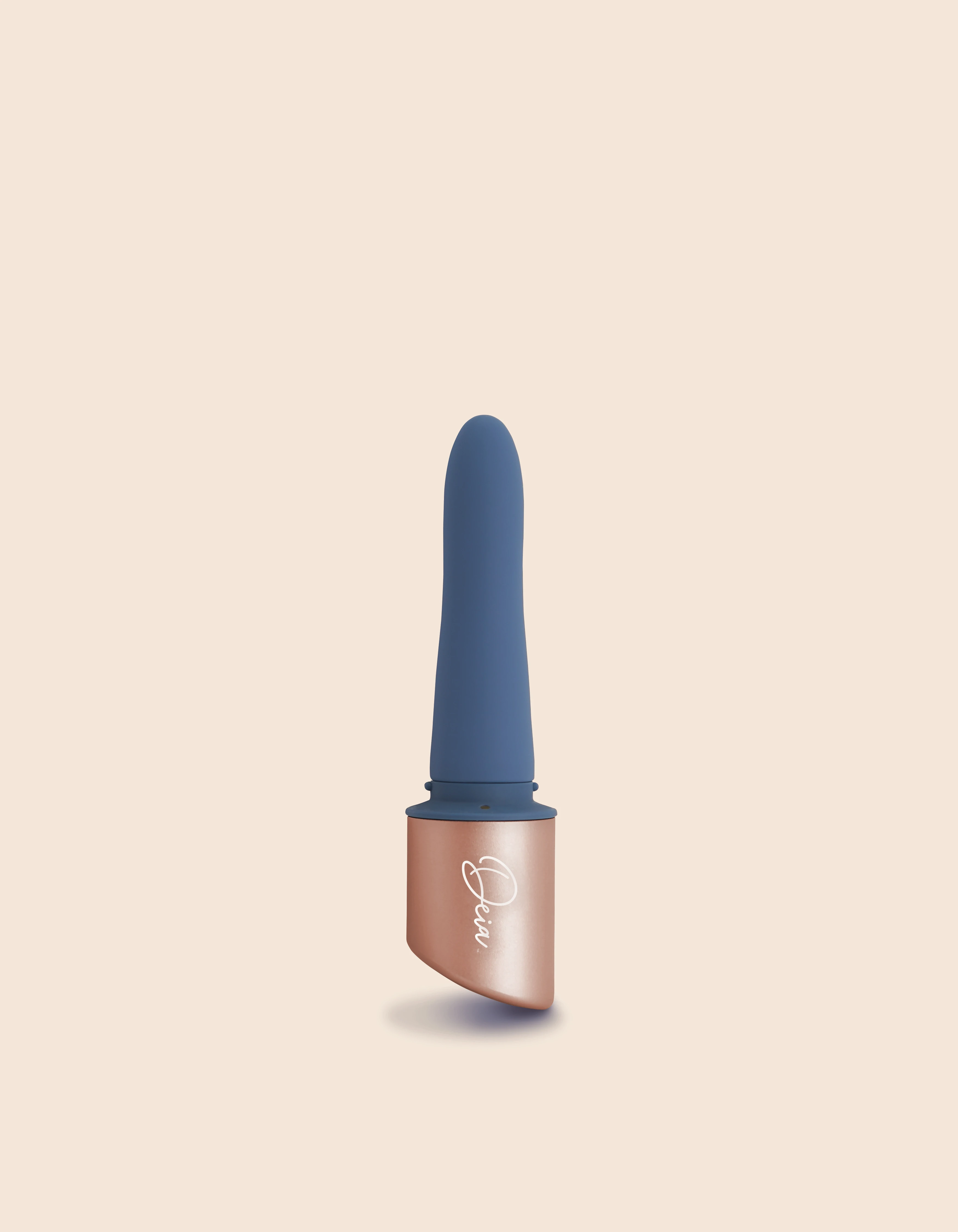 A dual motor vibrator with a blue silicone tip and a rose gold base.