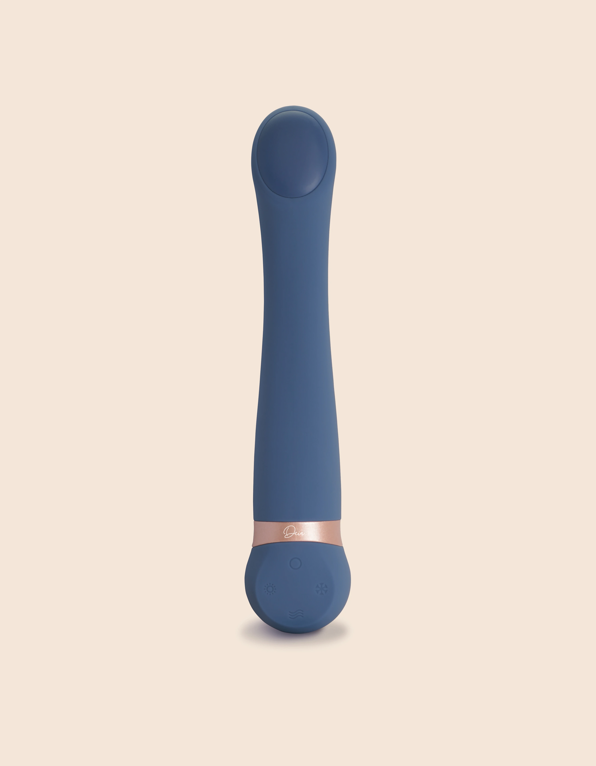 A blue vibrating massager with a rose gold band and temperature icons.