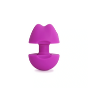 A purple, lip-shaped vibrator with a stem and a rounded base.