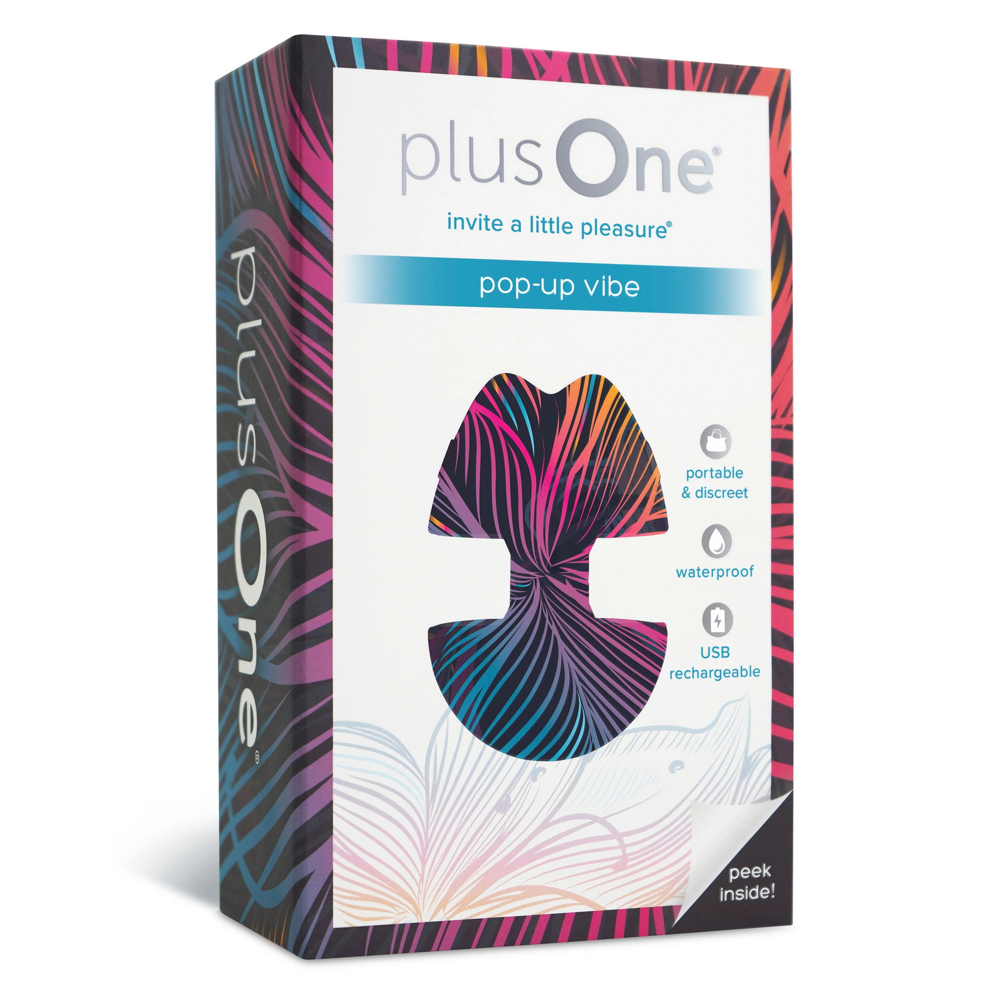 plusOne pop-up compact vibrator box with colorful abstract design.