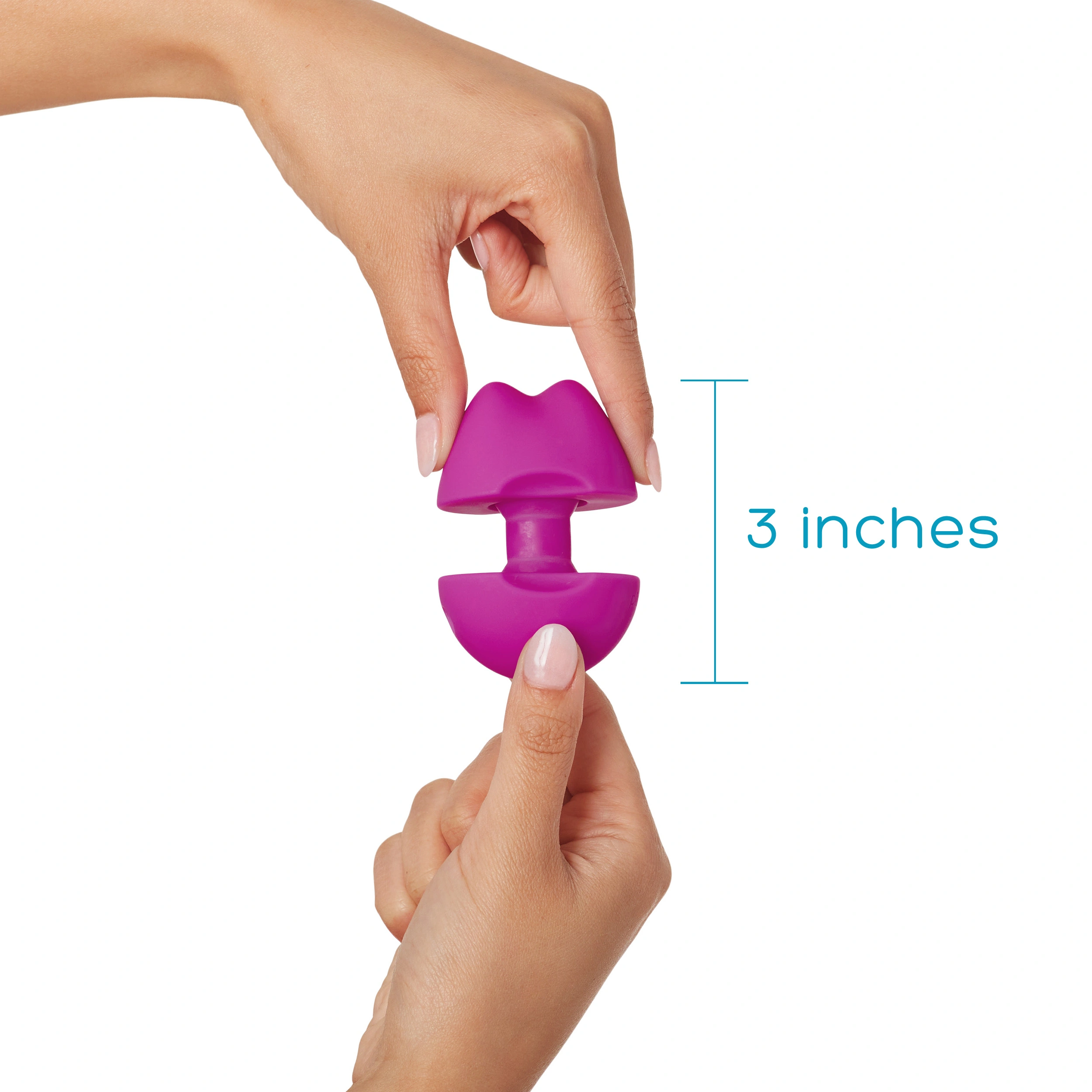 A purple lip-shaped vibrator held by two hands, measuring 3 inches.