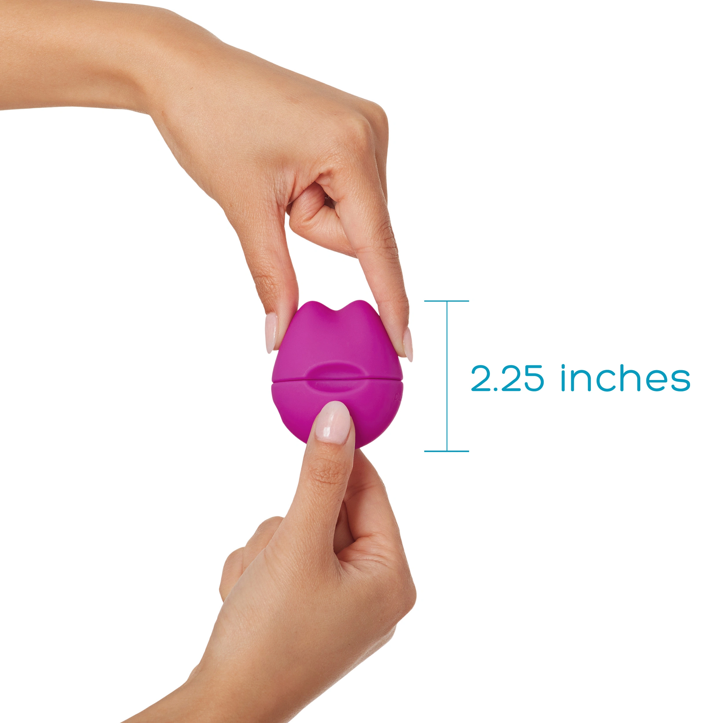 A purple lip-shaped vibrator held by two hands, measuring 2.25 inches.
