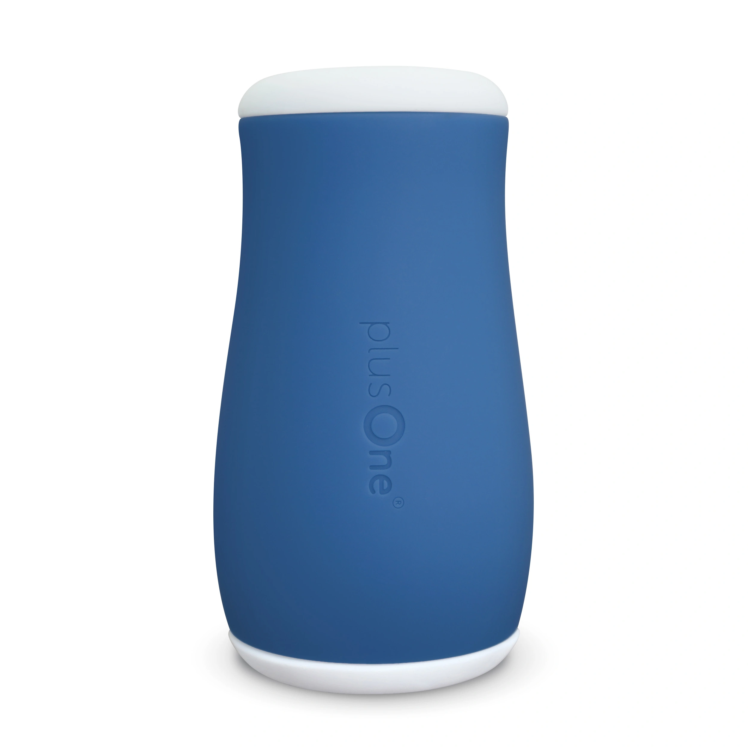Blue and white waterproof personal stroker with "plusOne" logo.