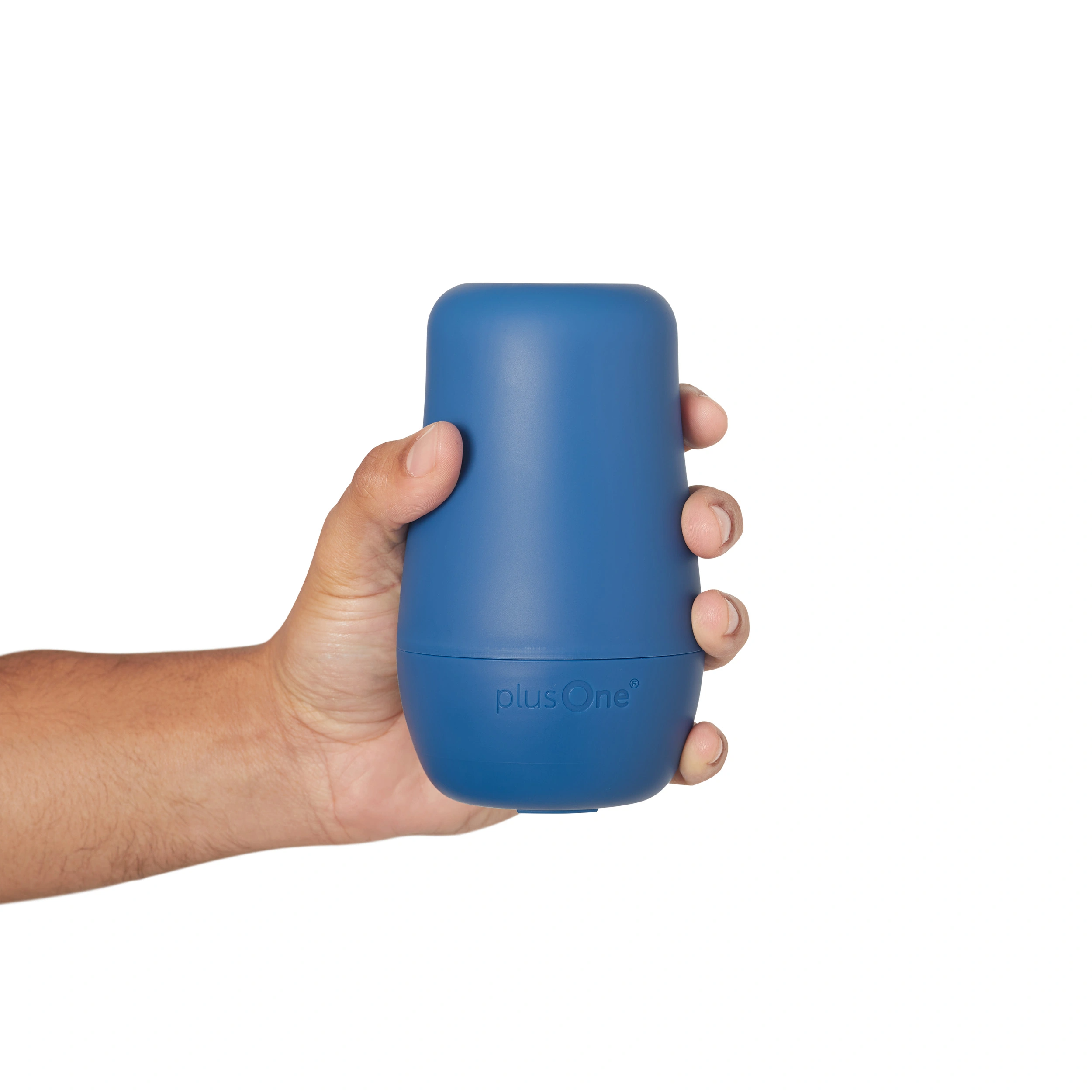 A blue plusOne personal stroker with dual internal textures held in a hand.