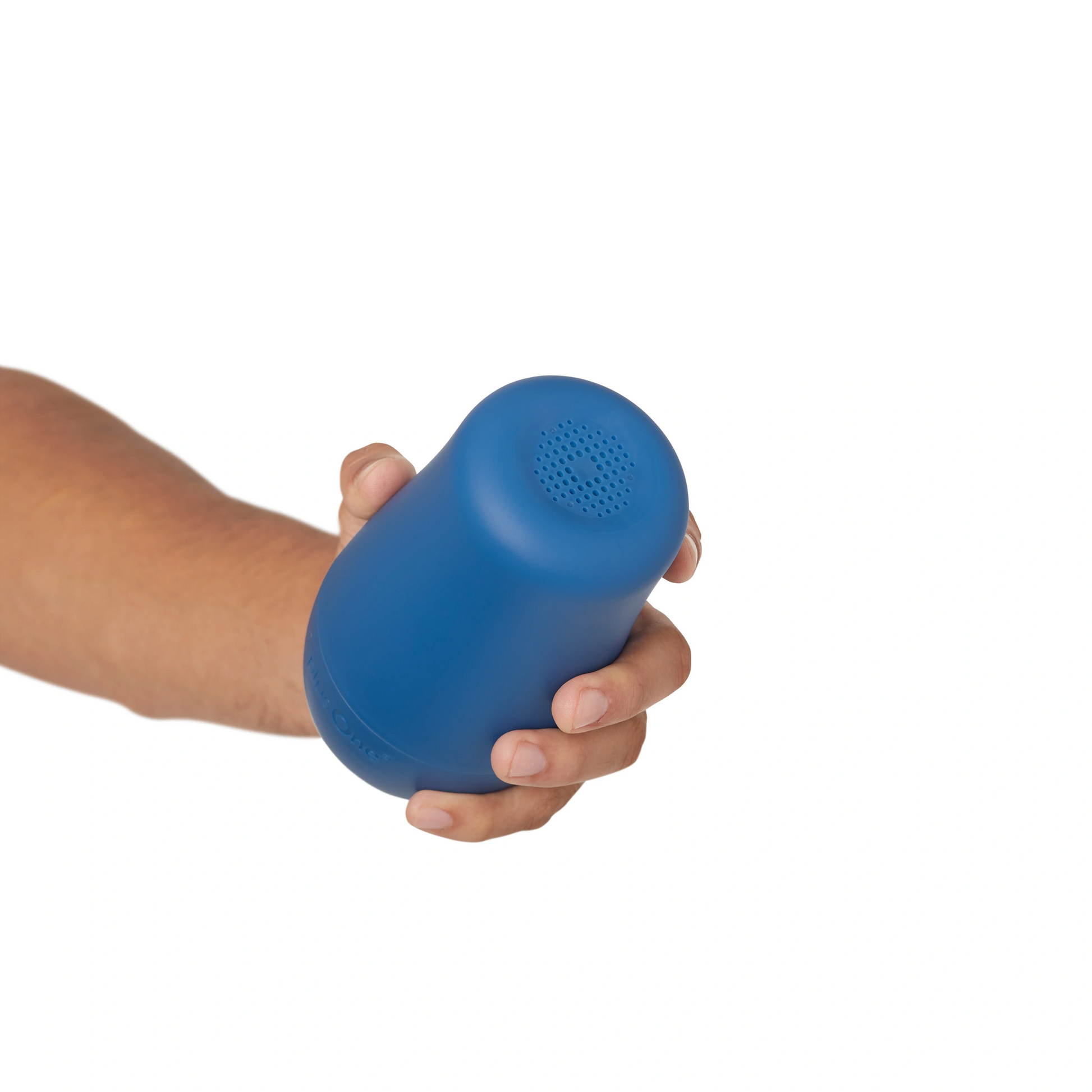 Blue waterproof personal stroker with textured interior held in a hand.