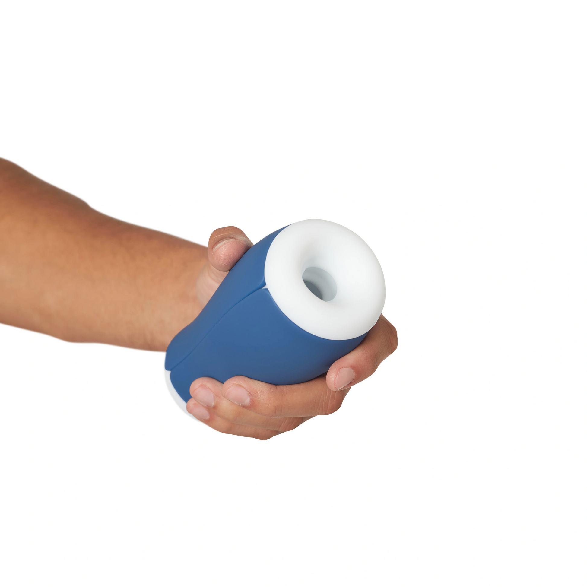 A blue and white waterproof personal stroker held in a hand.