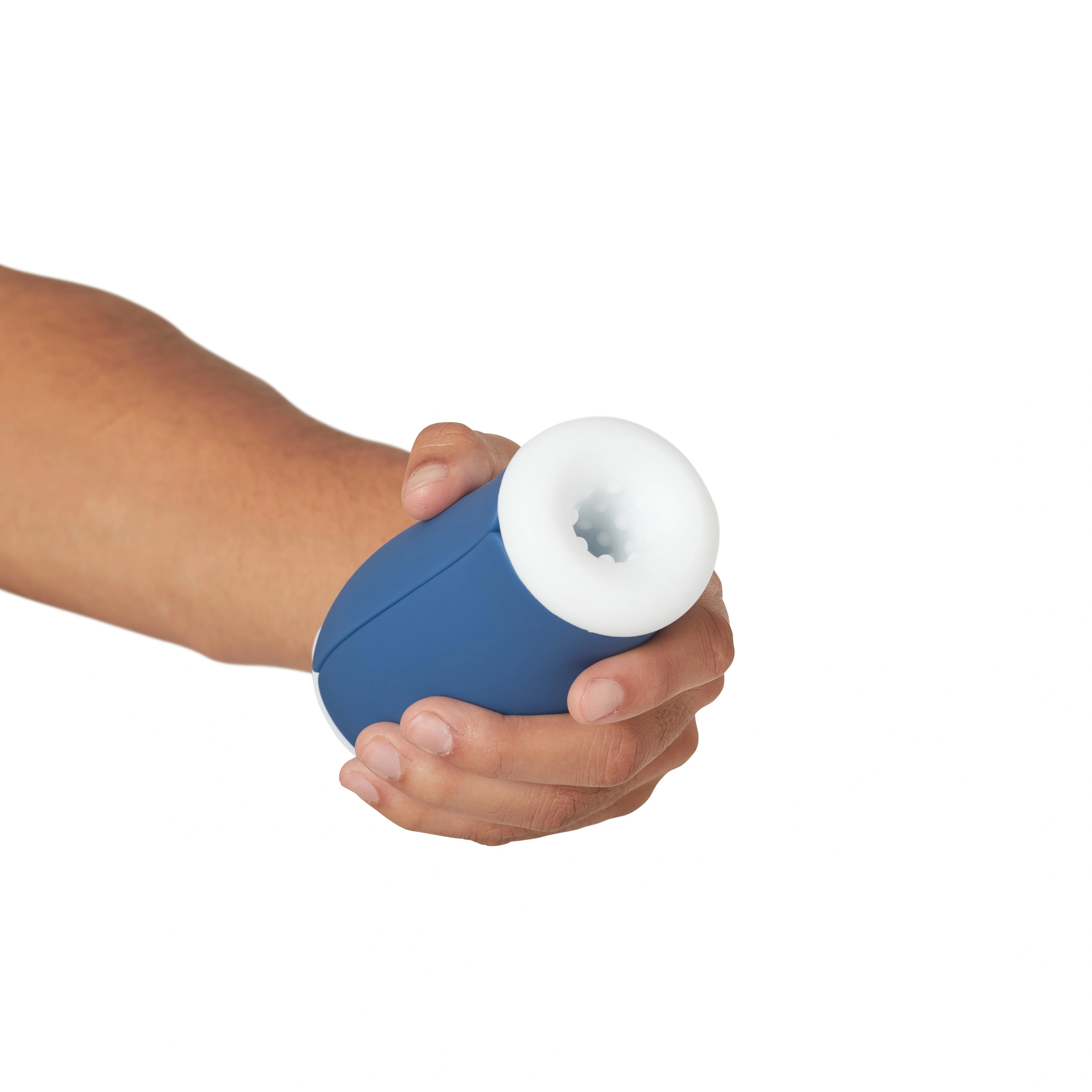 A blue and white waterproof personal stroker held in a hand.