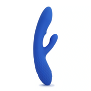 A blue dual G-spot massager with a textured base and a curved arm.