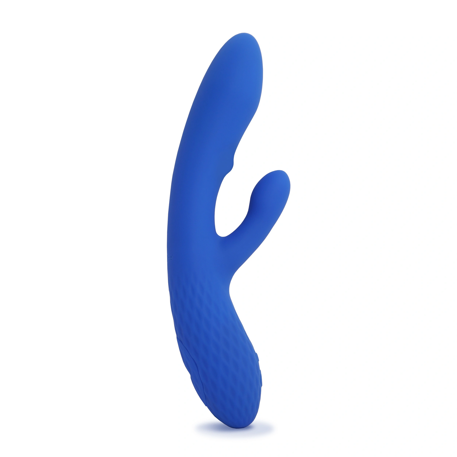A blue dual G-spot massager with a textured base and a curved arm.
