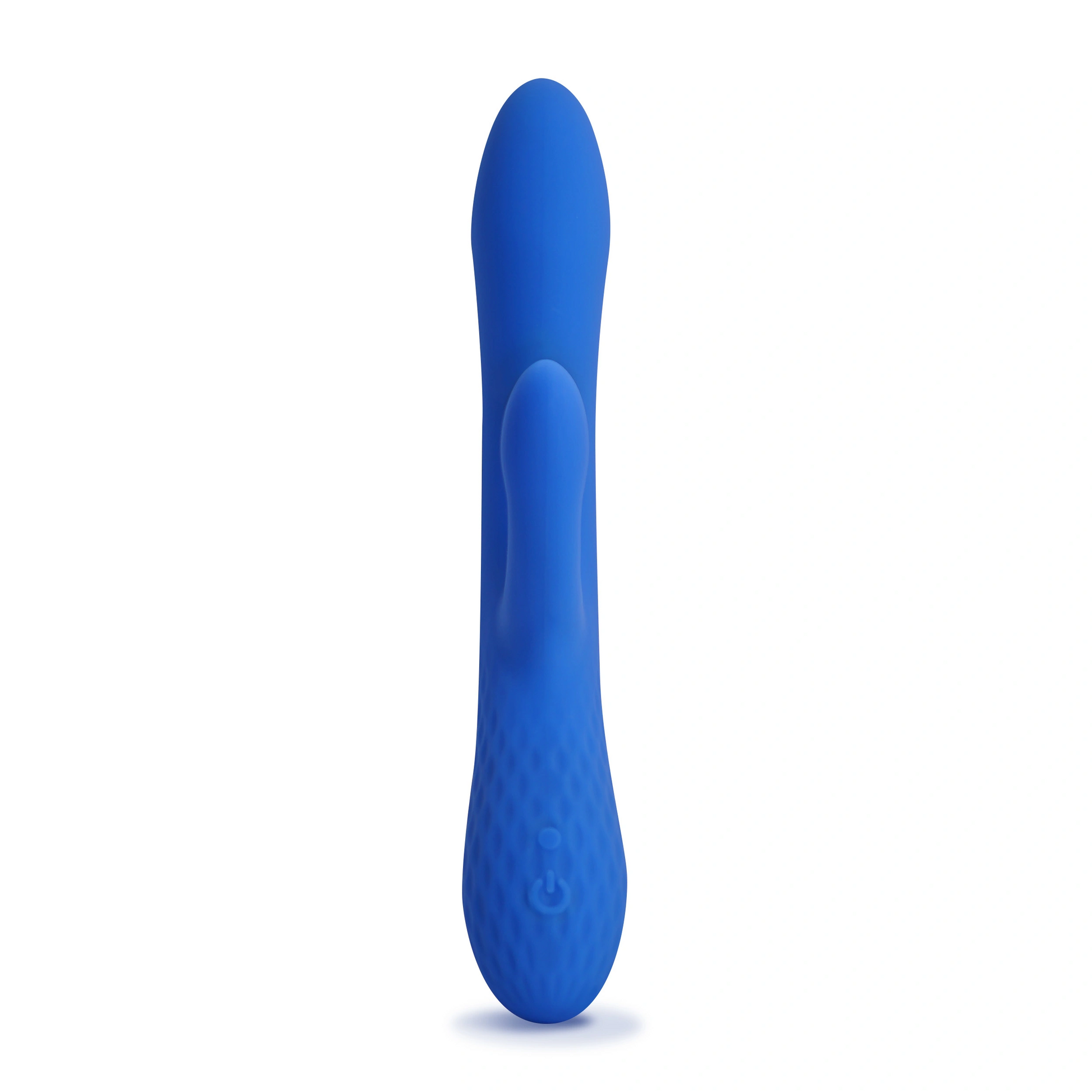 A blue dual G-spot massager with a textured base and a stroking bead.