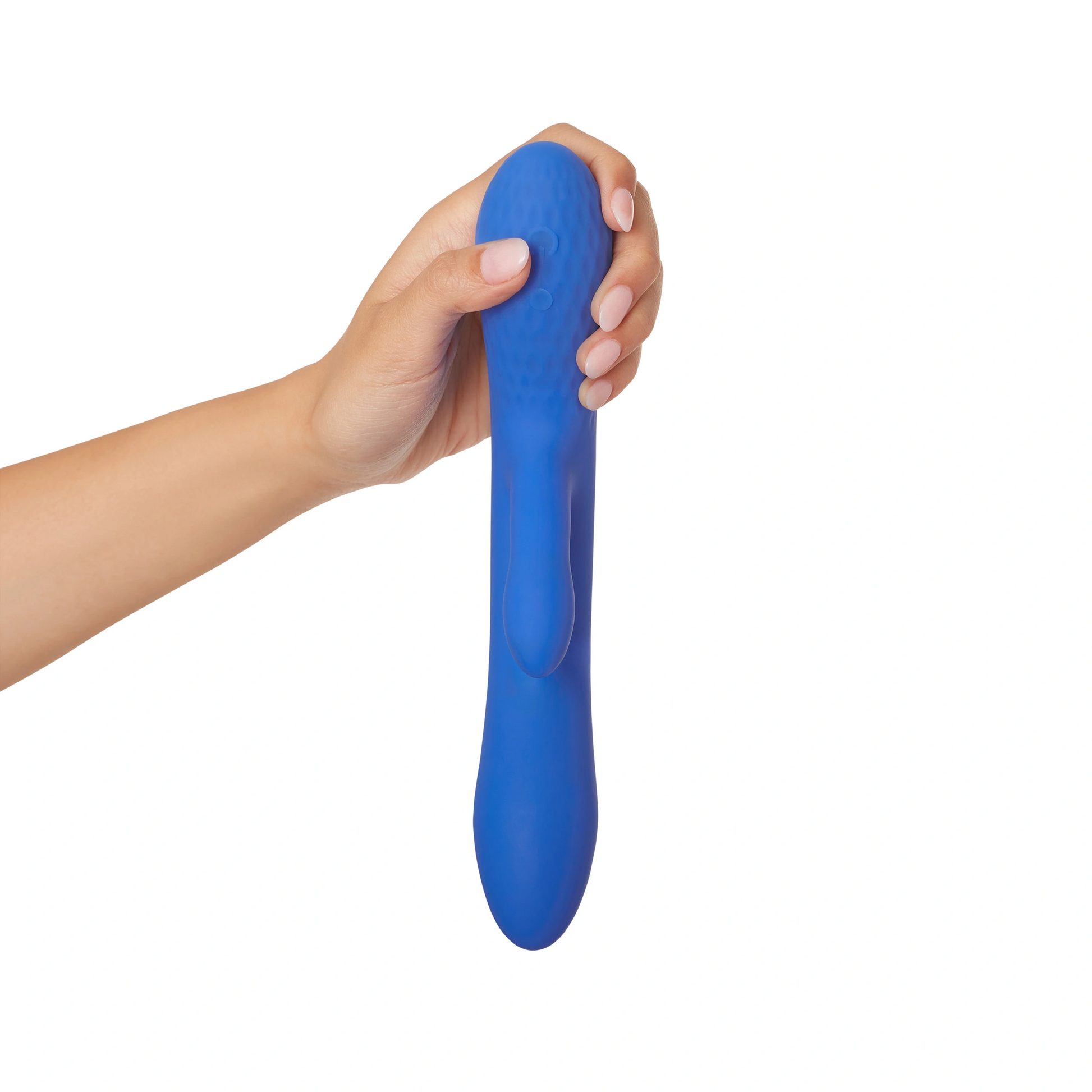 A hand holds a blue dual G-spot massager with a stroking bead.
