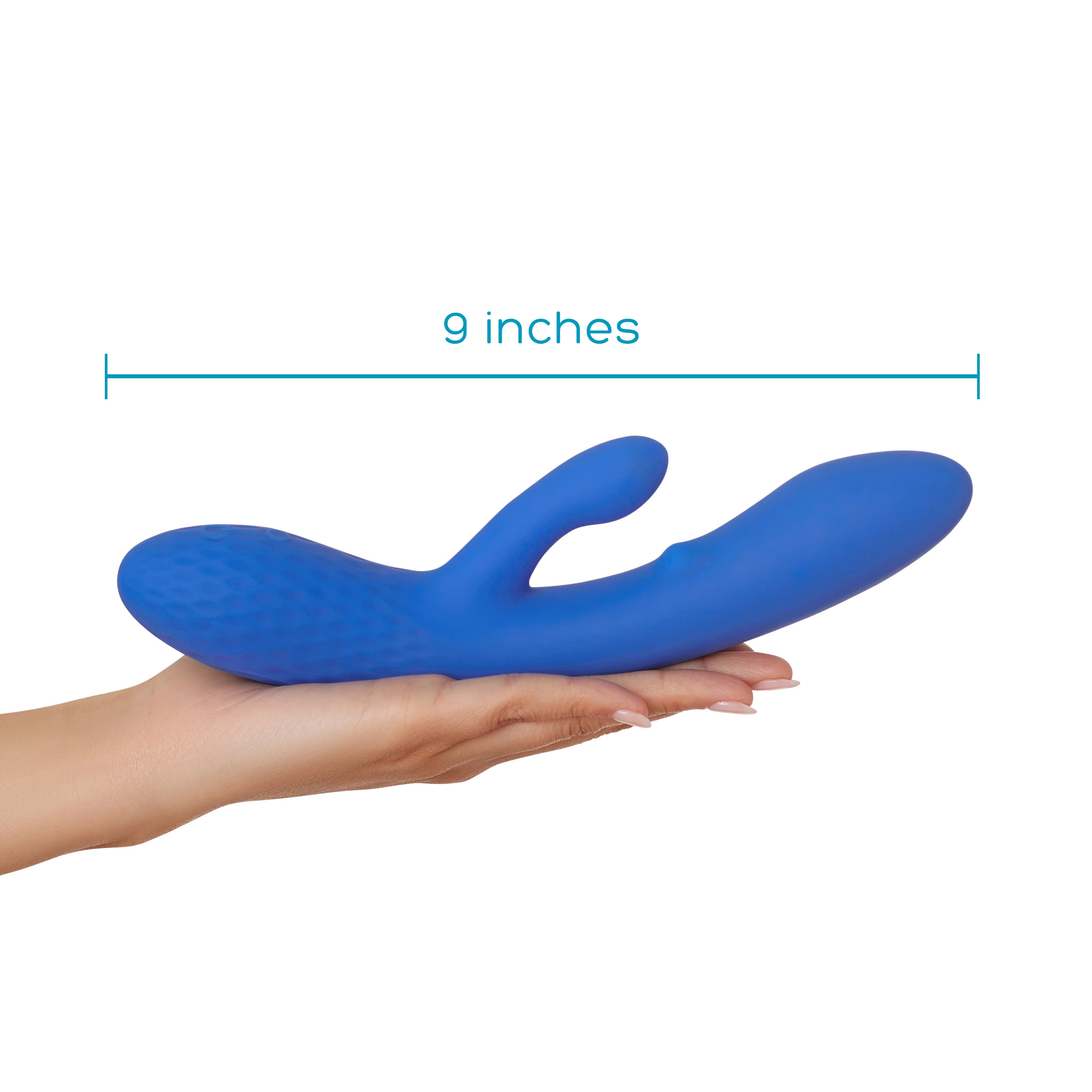 A blue dual G-spot massager with a stroking bead held in a hand.