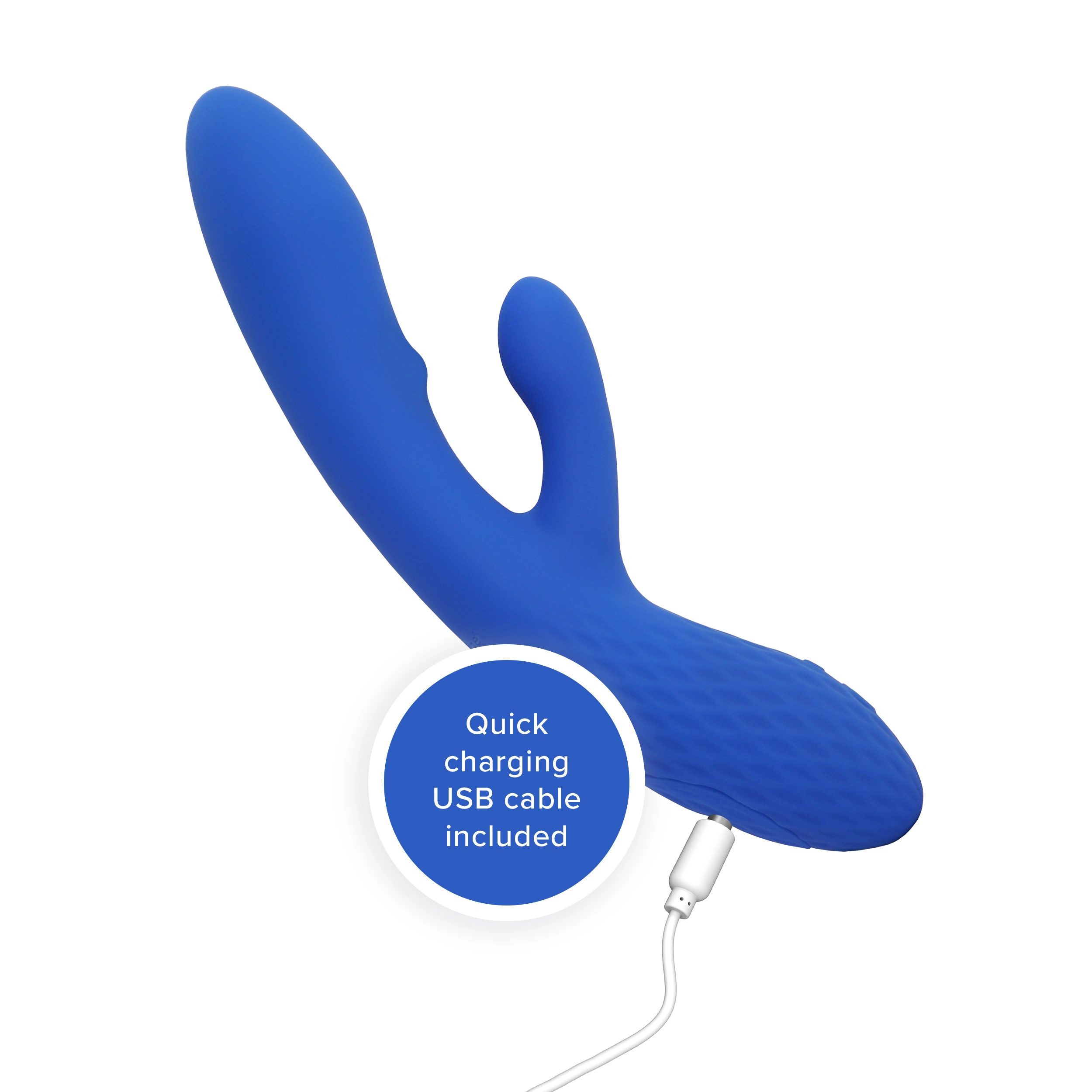 Blue dual G-spot massager with stroking bead and USB charging cable.