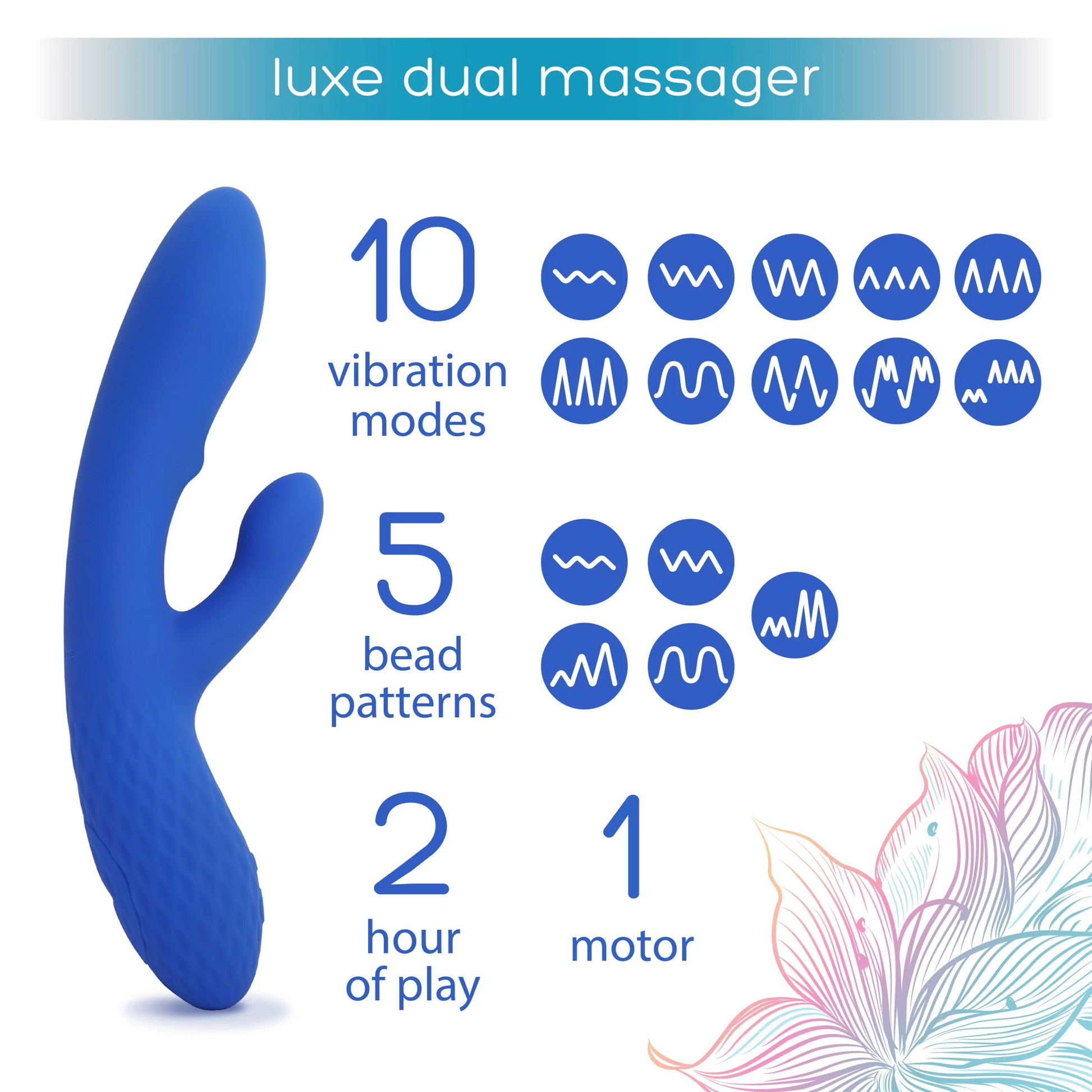 Blue dual massager with 10 vibration modes and 5 bead patterns.