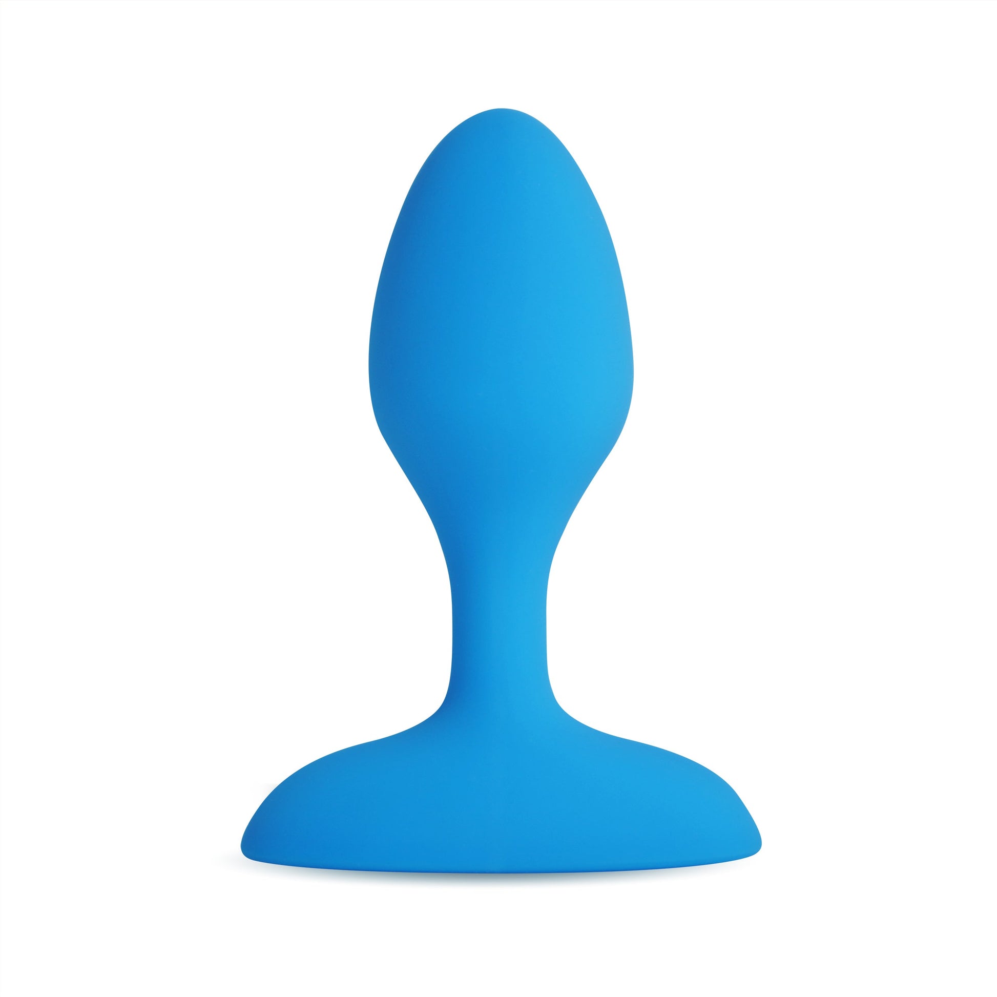 A blue vibrating anal plug with a wide base and a remote.