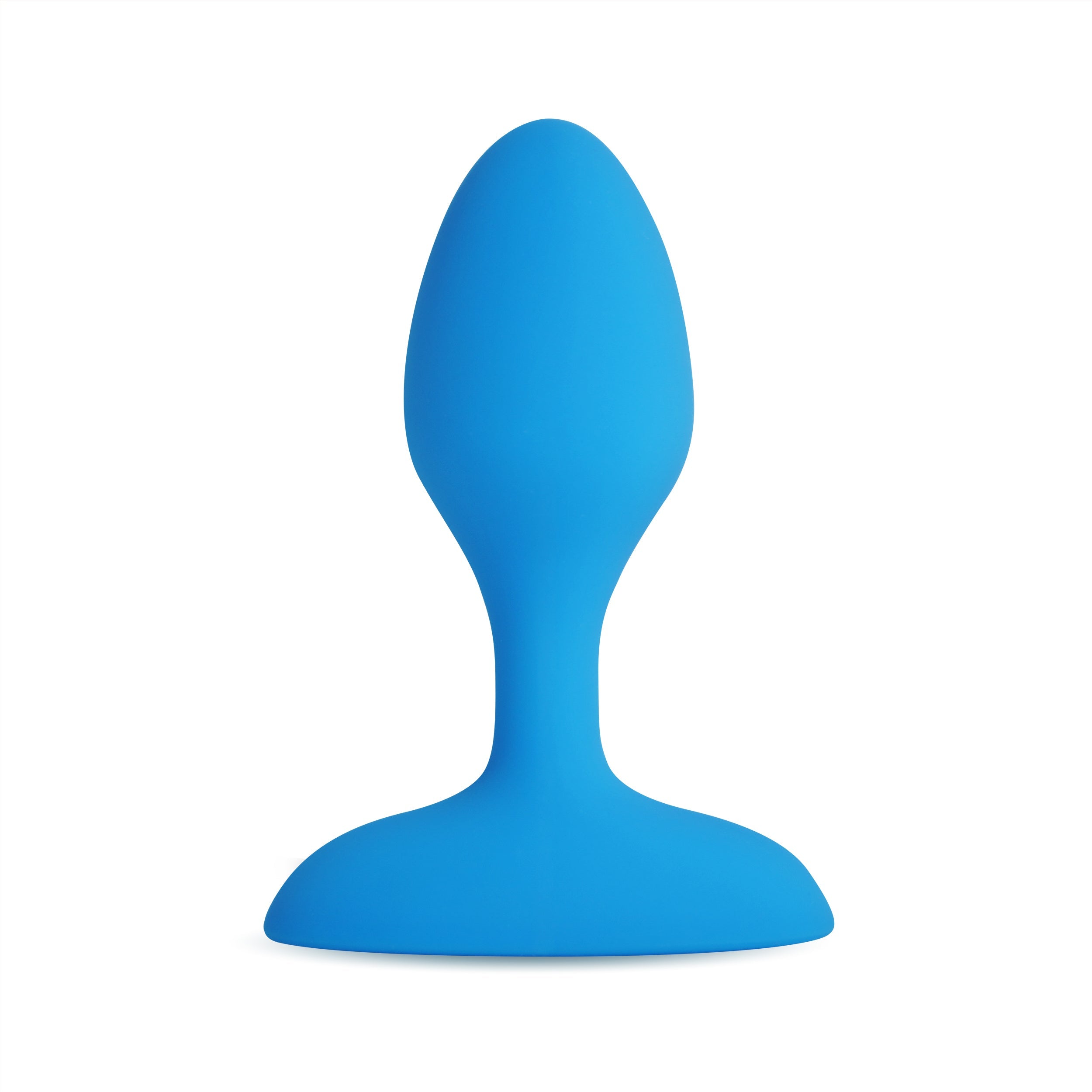 A blue vibrating anal plug with a wide base and a remote.