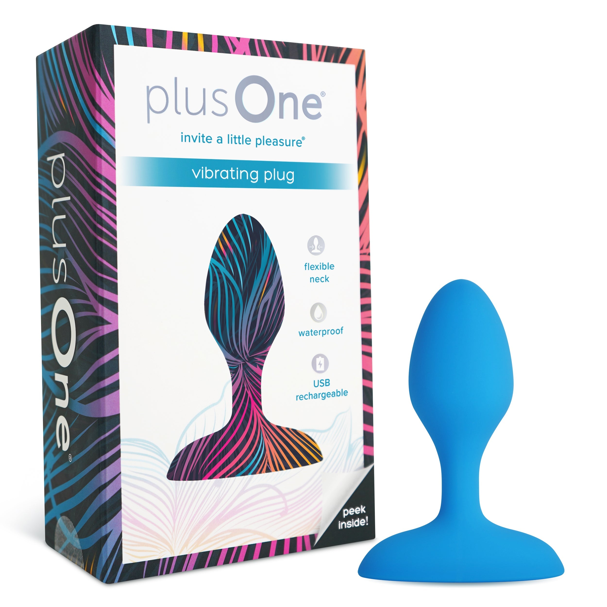 A blue vibrating anal plug with a wide base and a flexible neck, next to its packaging.