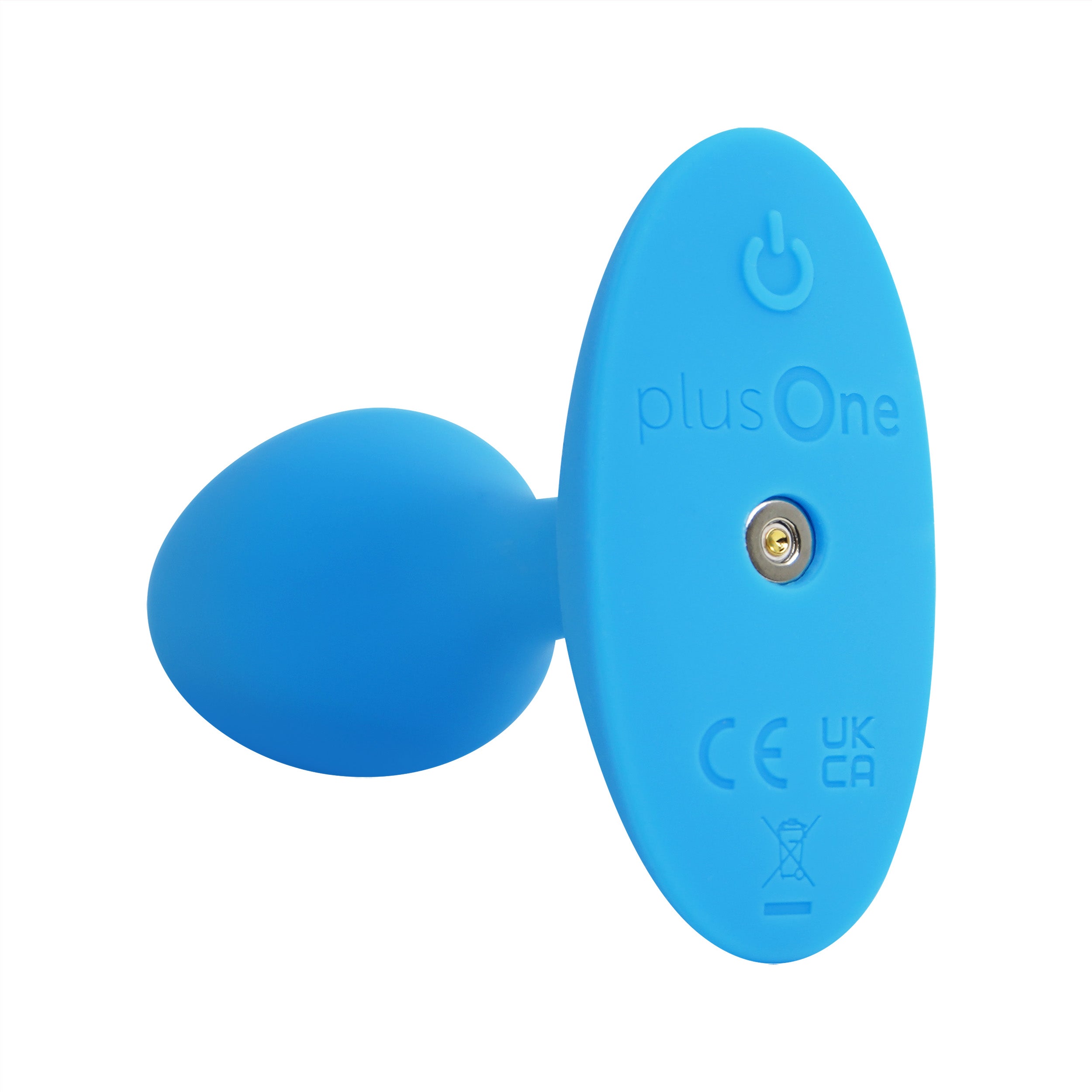 Blue vibrating anal plug with power button and CE UK CA markings.