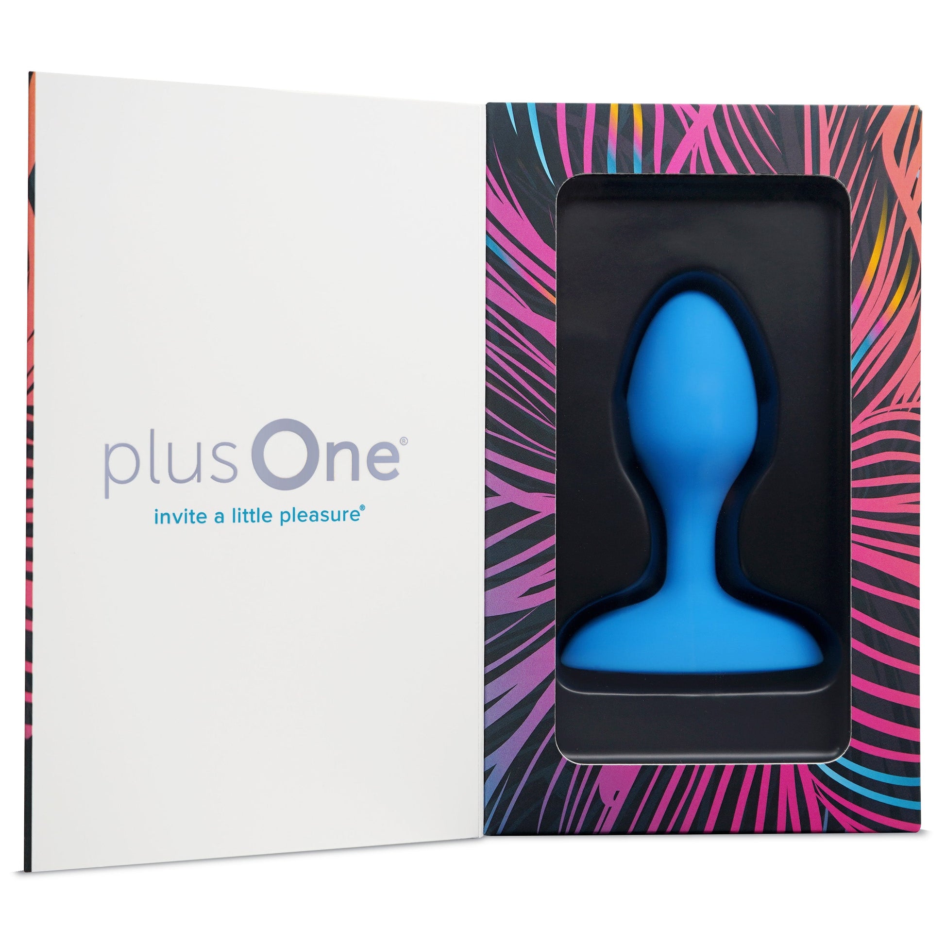 A blue vibrating anal plug with a colorful patterned box.
