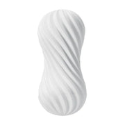 A white, ribbed, hourglass-shaped masturbation sleeve.