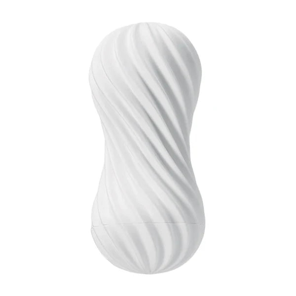 A white, ribbed, hourglass-shaped masturbation sleeve.