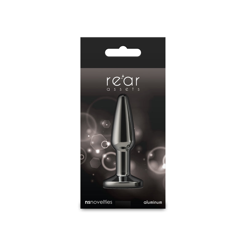Small gunmetal black tapered aluminum anal plug.