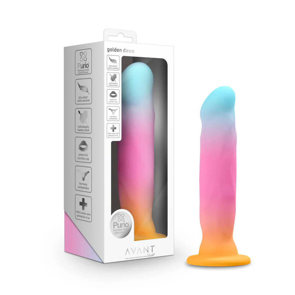 A gradient pink, blue, and orange silicone stimulator with a suction cup base.