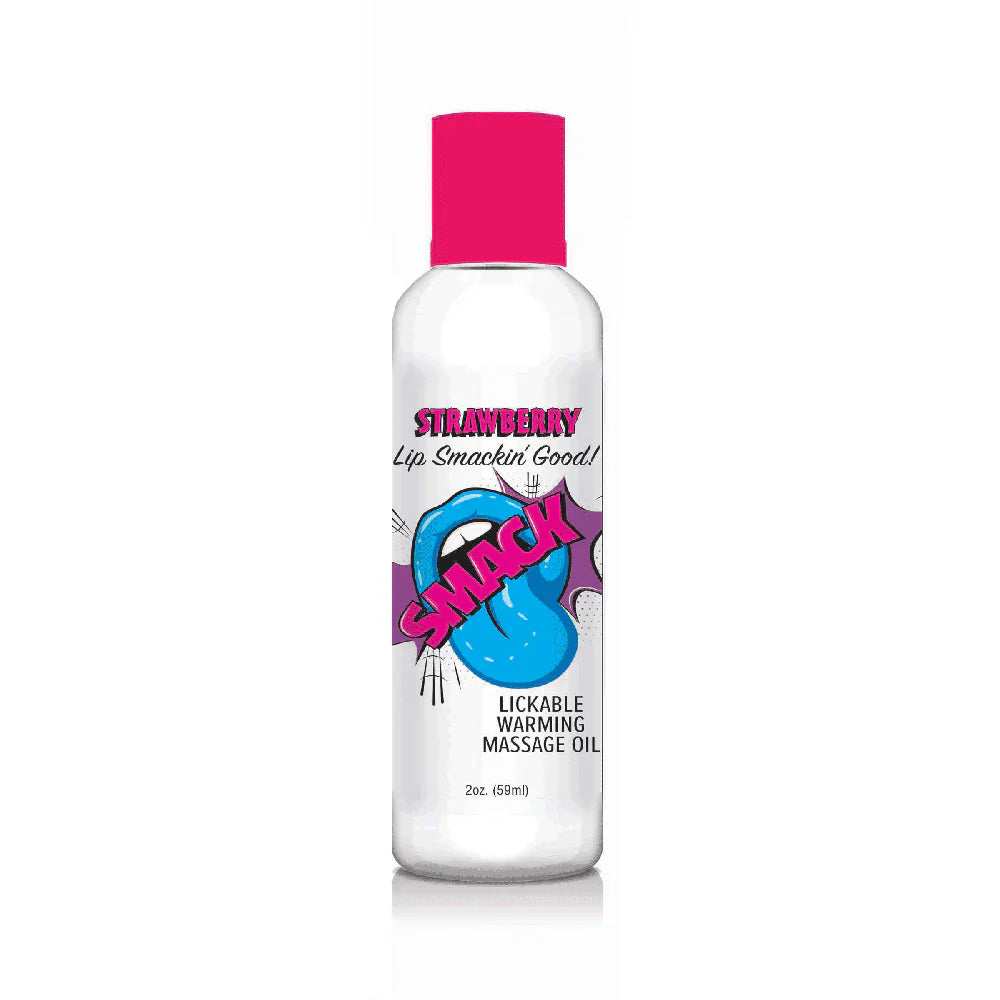 Strawberry warming and lickable massage oil in a clear bottle with a pink cap.