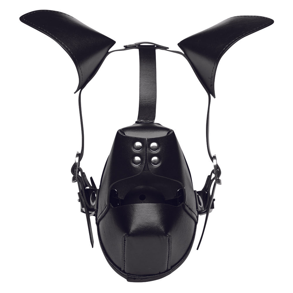 Black leather puppy play hood with dog ears and a removable ball gag.