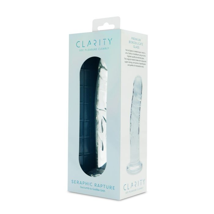 A clear borosilicate glass dildo with a textured shaft and flared base.