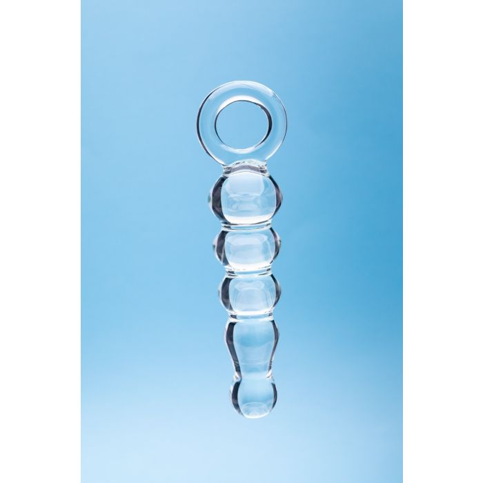Curved glass dildo with a circular handle and textured shaft.