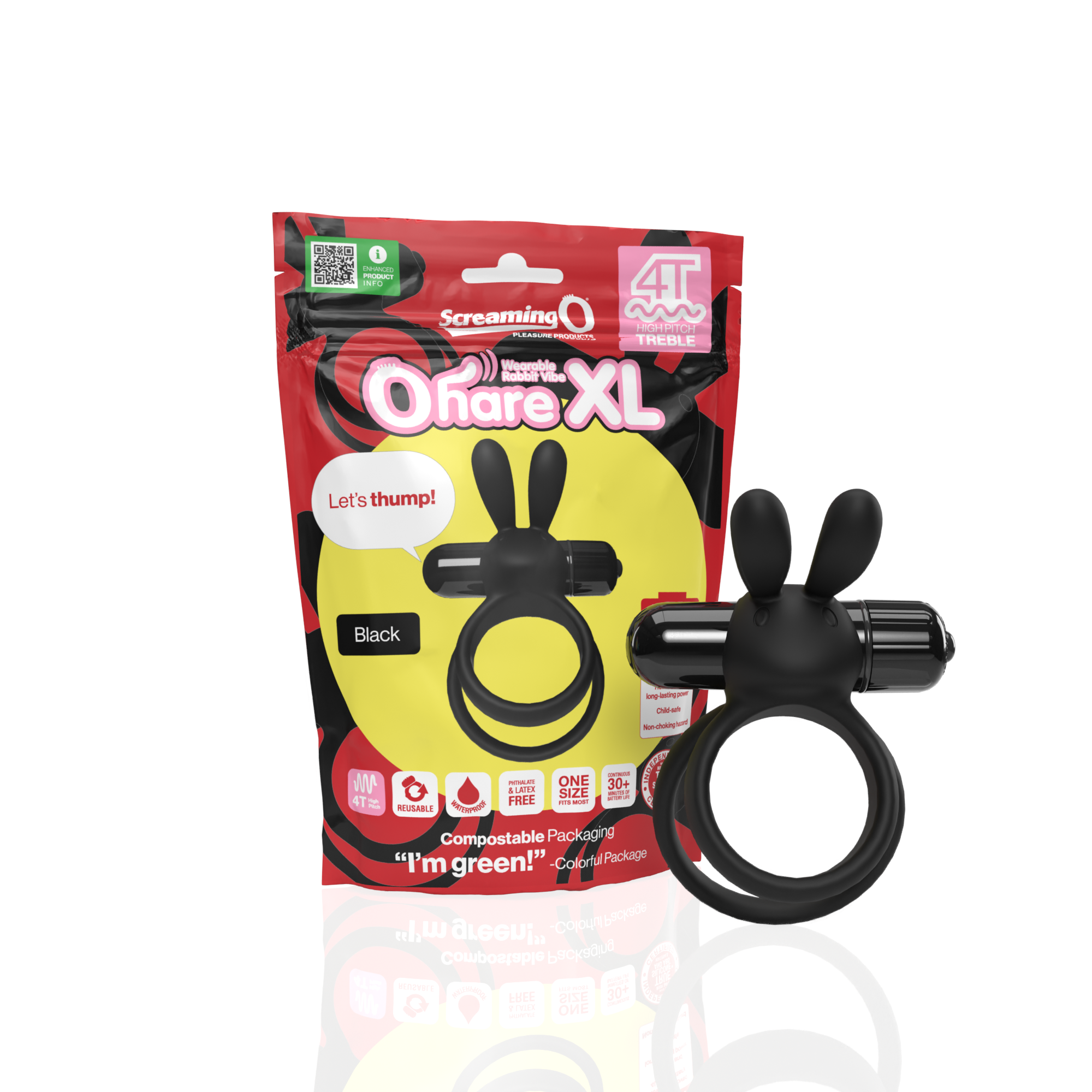 Black silicone rechargeable rabbit cock ring with a playful design.
