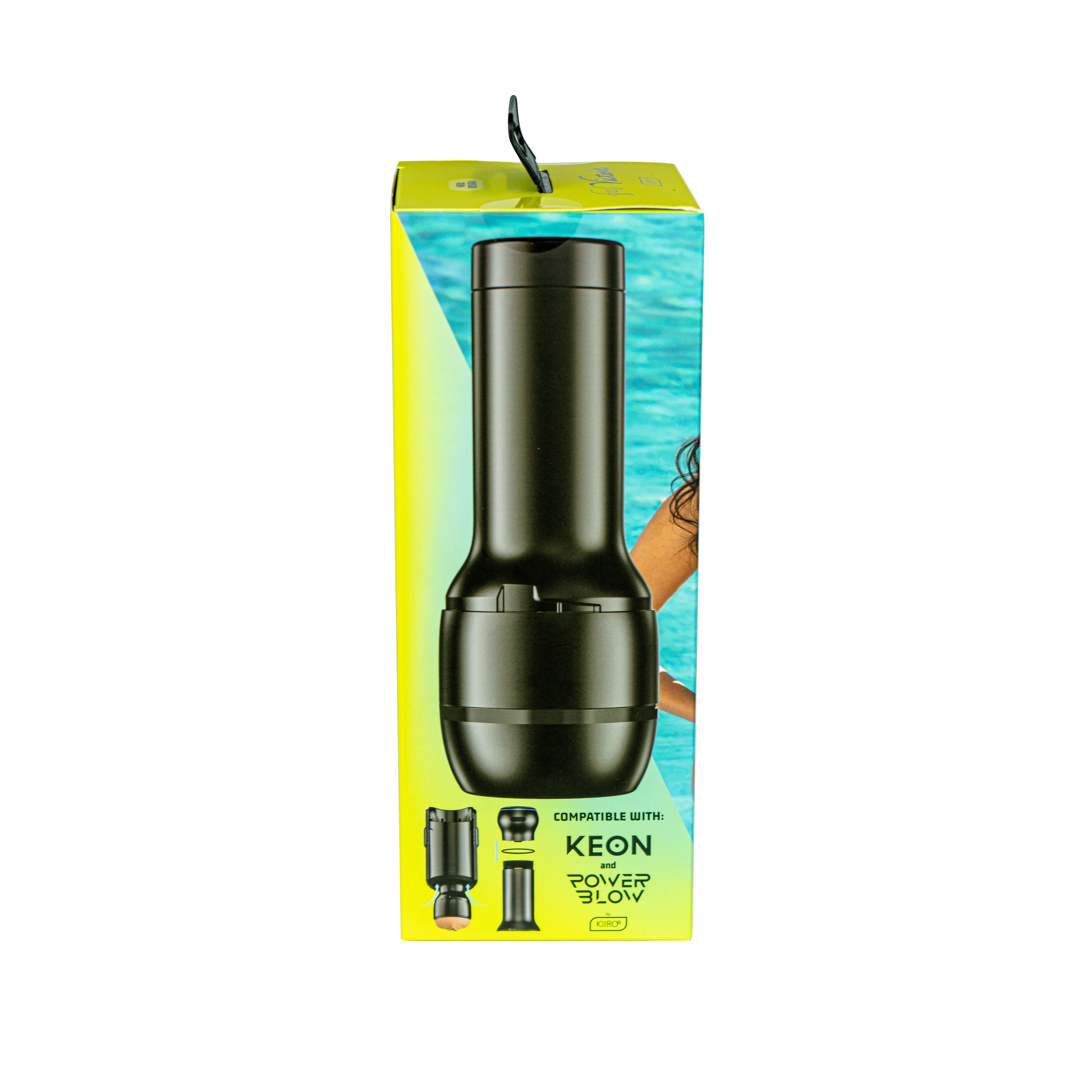 Victoria June Realistic Stroker packaging with a black stroker on a colorful background.