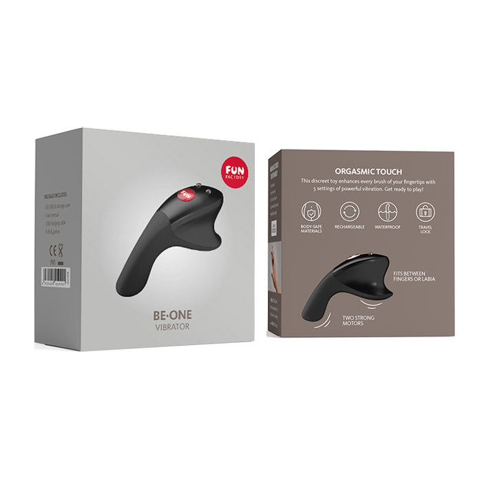 A black Be·One dual motor finger vibrator is shown on its packaging.