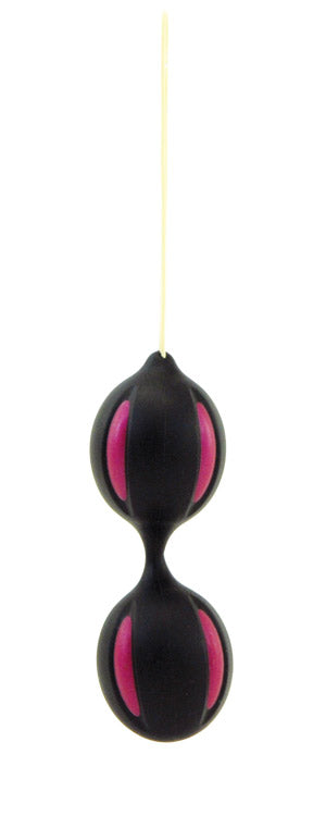 Black and pink smart balls on a string.