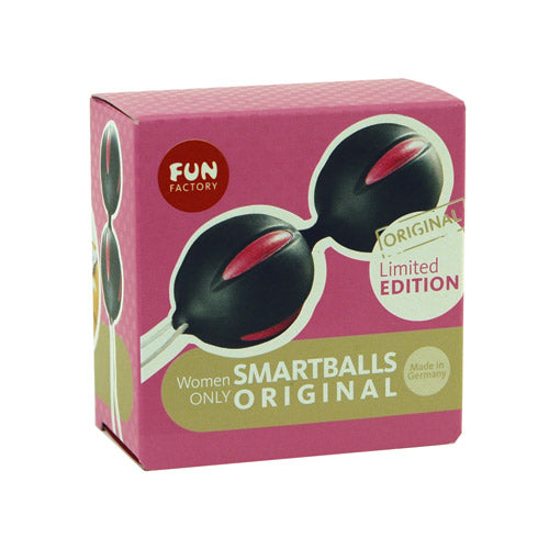 Smart Balls pelvic floor trainer in pink box with black and red balls.