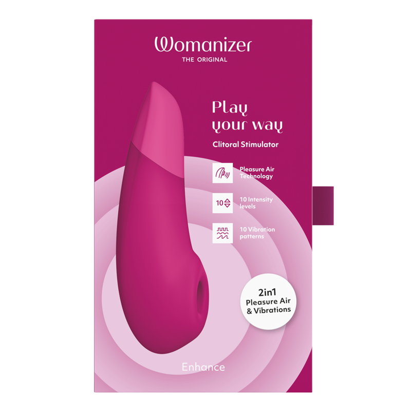 Womanizer Enhance clitoral stimulator with Pleasure Air Technology and vibrations.